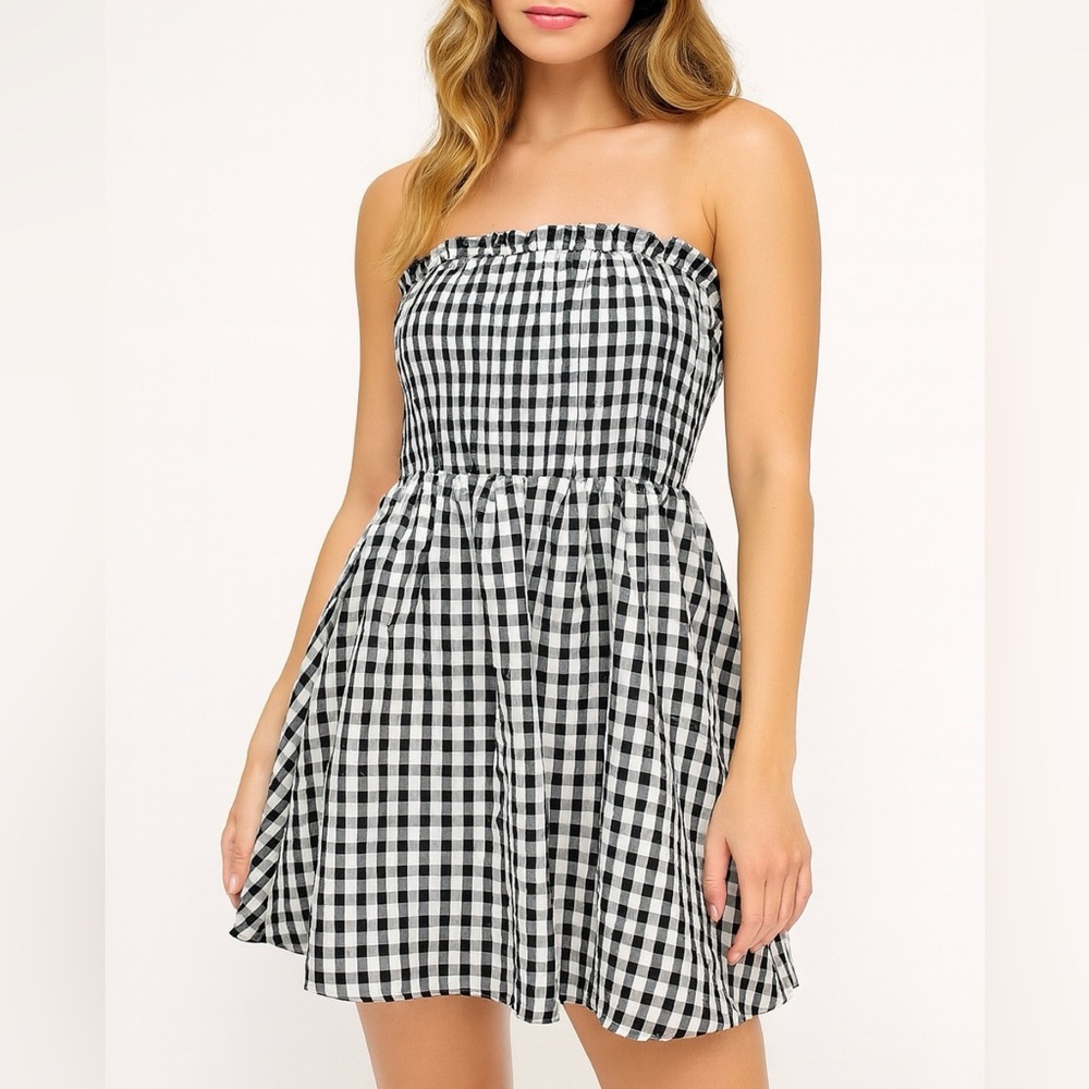 NWT NBD Revolve Tiffany Gingham Strapless Mini Dress w/Pockets Size Medium